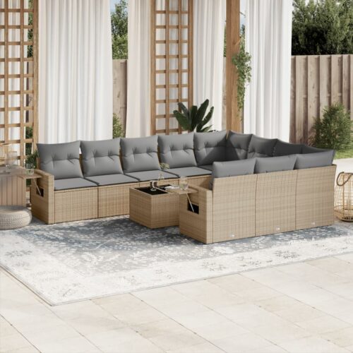 11-Piece Garden Sofa Set with Cushions Beige Poly Rattan Wicker Outdoor Patio Furniture - Image 2