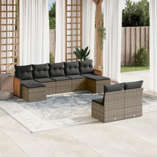 9-Piece Garden Sofa Set with Cushions Grey Poly Rattan Wicker Outdoor Patio Furniture - Image 2