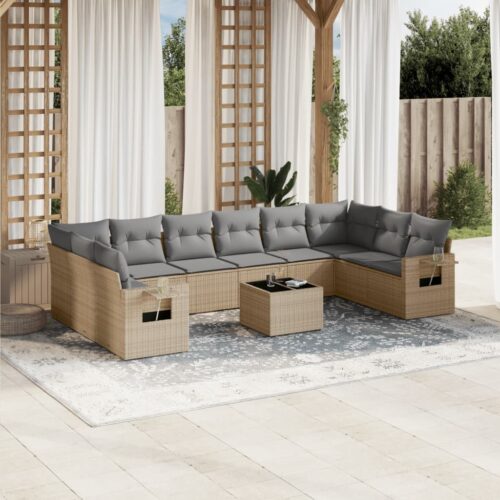 11-Piece Garden Sofa Set with Cushions Beige Poly Rattan Wicker Outdoor Patio Furniture - Image 2