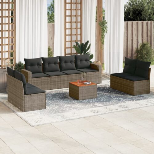 9-Piece Garden Sofa Set with Cushions Grey Poly Rattan Wicker Outdoor Patio Furniture - Image 2
