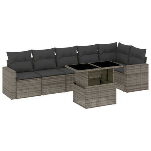 7-Piece Garden Sofa Set with Cushions Grey Poly Rattan Wicker Outdoor Patio Furniture
