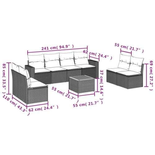9-Piece Garden Sofa Set with Cushions Grey Poly Rattan Wicker Outdoor Patio Furniture - Image 3