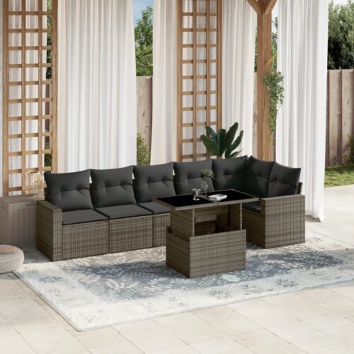 7-Piece Garden Sofa Set with Cushions Grey Poly Rattan Wicker Outdoor Patio Furniture - Image 2
