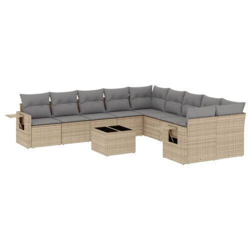 11-Piece Garden Sofa Set with Cushions Beige Poly Rattan Wicker Outdoor Patio Furniture