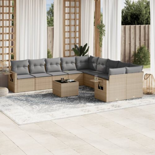 11-Piece Garden Sofa Set with Cushions Beige Poly Rattan Wicker Outdoor Patio Furniture - Image 2