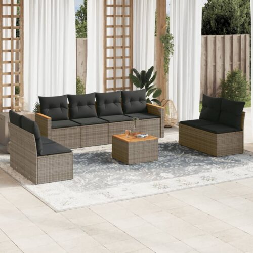 9-Piece Garden Sofa Set with Cushions Grey Poly Rattan Wicker Outdoor Patio Furniture - Image 2