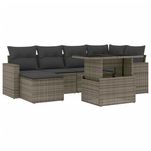7-Piece Garden Sofa Set with Cushions Grey Poly Rattan Wicker Outdoor Patio Furniture