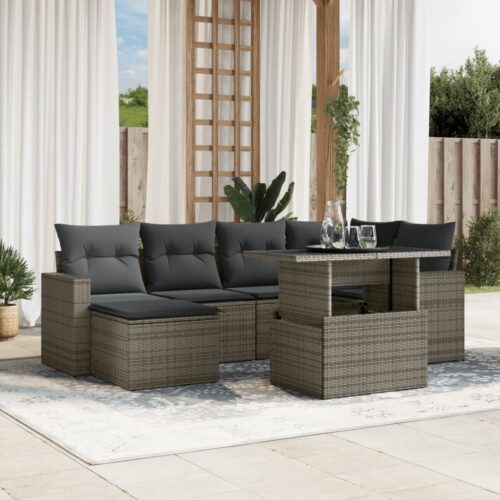 7-Piece Garden Sofa Set with Cushions Grey Poly Rattan Wicker Outdoor Patio Furniture - Image 2