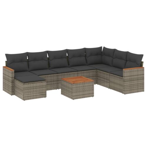 9-Piece Garden Sofa Set with Cushions Grey Poly Rattan Wicker Outdoor Patio Furniture