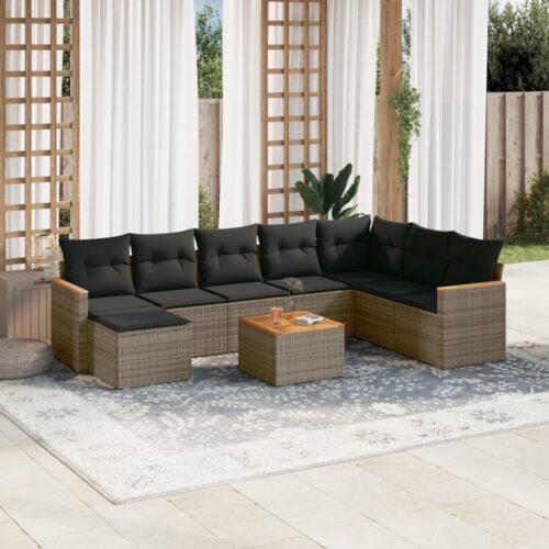 9-Piece Garden Sofa Set with Cushions Grey Poly Rattan Wicker Outdoor Patio Furniture - Image 2
