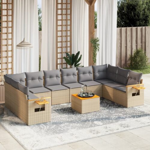 11-Piece Garden Sofa Set with Cushions Beige Poly Rattan Wicker Outdoor Patio Furniture - Image 2