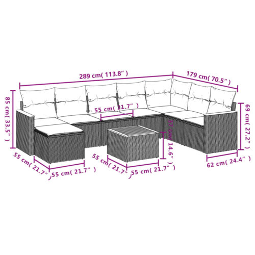 9-Piece Garden Sofa Set with Cushions Grey Poly Rattan Wicker Outdoor Patio Furniture - Image 9