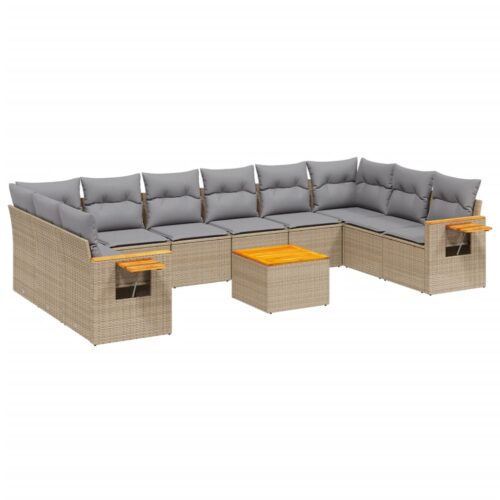 11-Piece Garden Sofa Set with Cushions Beige Poly Rattan Wicker Outdoor Patio Furniture - Image 14