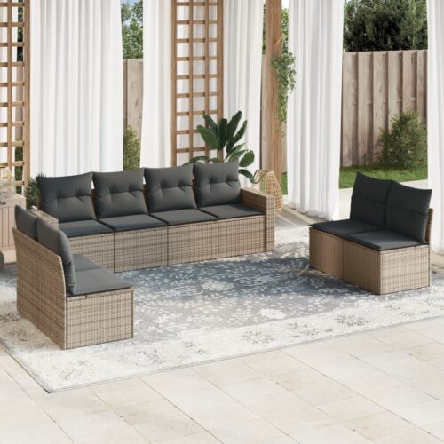 9-Piece Garden Sofa Set with Cushions Grey Poly Rattan Wicker Outdoor Patio Furniture - Image 2