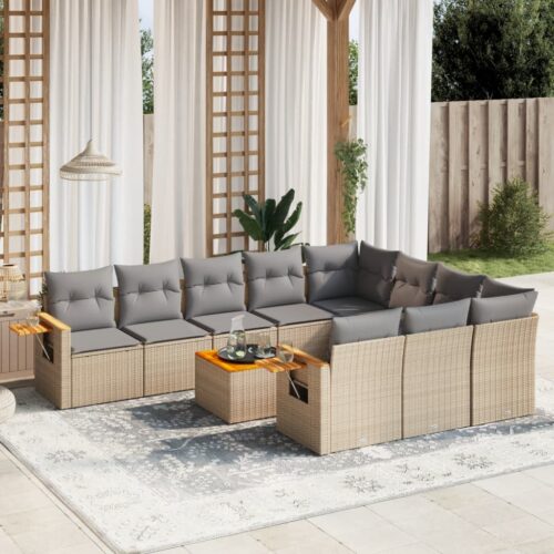 11-Piece Garden Sofa Set with Cushions Beige Poly Rattan Wicker Outdoor Patio Furniture - Image 2