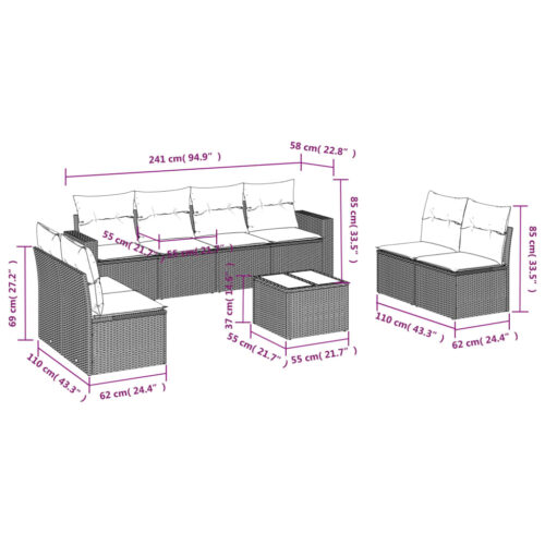 9-Piece Garden Sofa Set with Cushions Grey Poly Rattan Wicker Outdoor Patio Furniture - Image 3