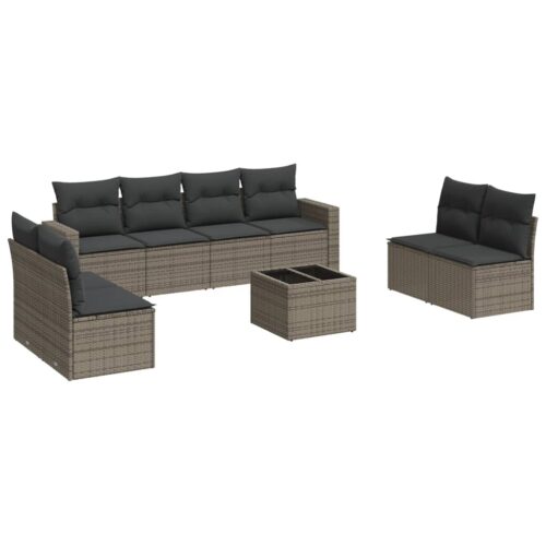 9-Piece Garden Sofa Set with Cushions Grey Poly Rattan Wicker Outdoor Patio Furniture - Image 5