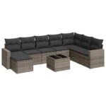 9-Piece Garden Sofa Set with Cushions Grey Poly Rattan Wicker Outdoor Patio Furniture