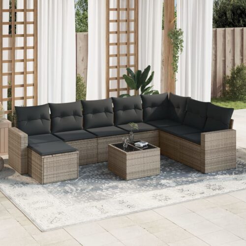 9-Piece Garden Sofa Set with Cushions Grey Poly Rattan Wicker Outdoor Patio Furniture - Image 2