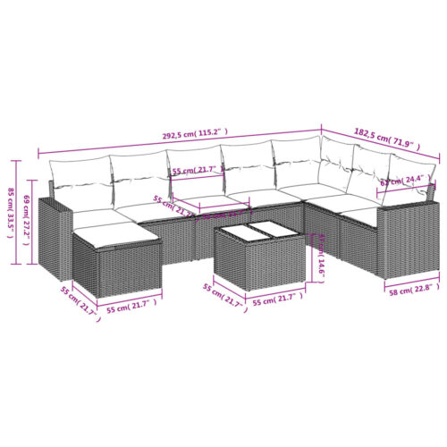 9-Piece Garden Sofa Set with Cushions Grey Poly Rattan Wicker Outdoor Patio Furniture - Image 3
