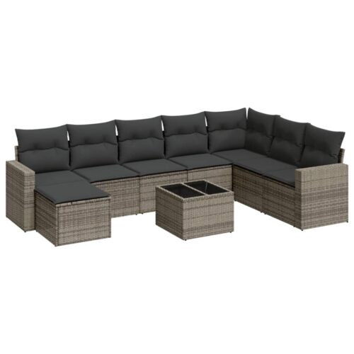 9-Piece Garden Sofa Set with Cushions Grey Poly Rattan Wicker Outdoor Patio Furniture - Image 5