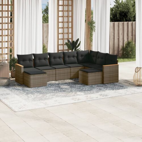 9-Piece Garden Sofa Set with Cushions Grey Poly Rattan Wicker Outdoor Patio Furniture - Image 2