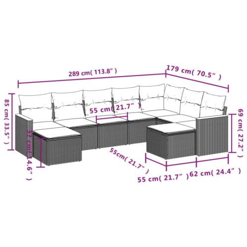 9-Piece Garden Sofa Set with Cushions Grey Poly Rattan Wicker Outdoor Patio Furniture - Image 8