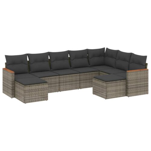 9-Piece Garden Sofa Set with Cushions Grey Poly Rattan Wicker Outdoor Patio Furniture - Image 14