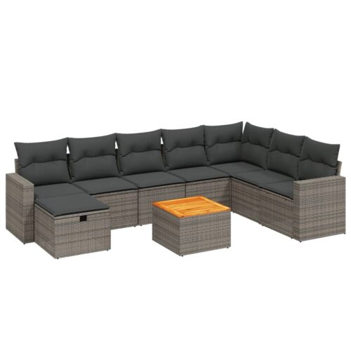 9-Piece Garden Sofa Set with Cushions Grey Poly Rattan Wicker Outdoor Patio Furniture