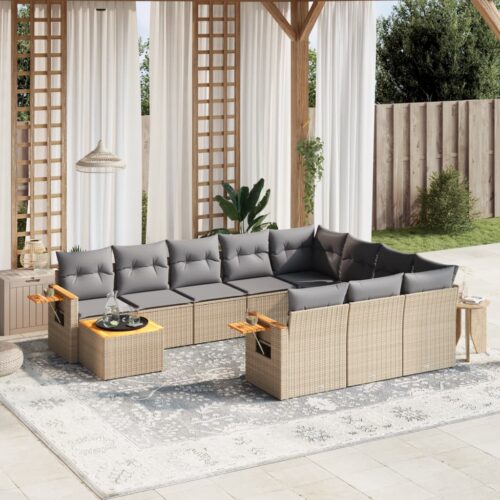 11-Piece Garden Sofa Set with Cushions Beige Poly Rattan Wicker Outdoor Patio Furniture - Image 2