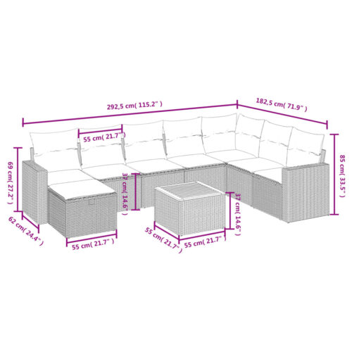 9-Piece Garden Sofa Set with Cushions Grey Poly Rattan Wicker Outdoor Patio Furniture - Image 4
