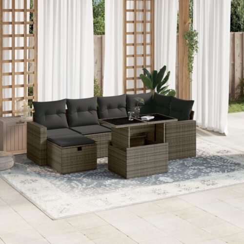 7-Piece Garden Sofa Set with Cushions Grey Poly Rattan Wicker Outdoor Patio Furniture - Image 2