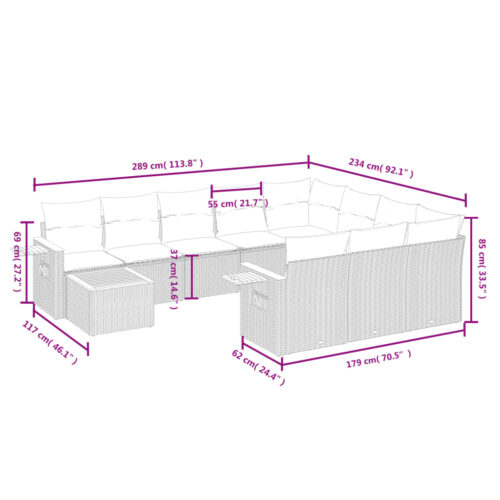 11-Piece Garden Sofa Set with Cushions Beige Poly Rattan Wicker Outdoor Patio Furniture - Image 9
