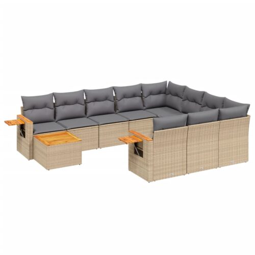 11-Piece Garden Sofa Set with Cushions Beige Poly Rattan Wicker Outdoor Patio Furniture - Image 14