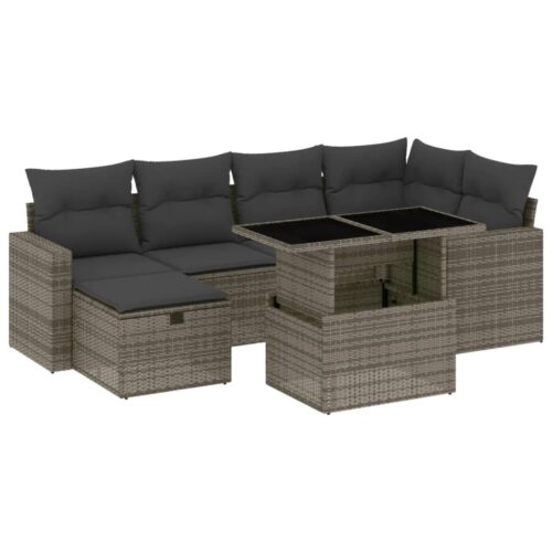 7-Piece Garden Sofa Set with Cushions Grey Poly Rattan Wicker Outdoor Patio Furniture - Image 13