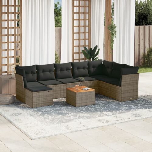 9-Piece Garden Sofa Set with Cushions Grey Poly Rattan Wicker Outdoor Patio Furniture - Image 2