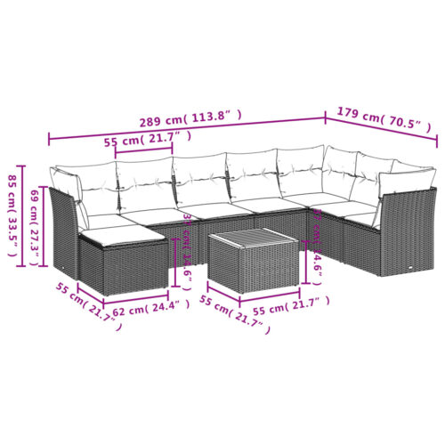 9-Piece Garden Sofa Set with Cushions Grey Poly Rattan Wicker Outdoor Patio Furniture - Image 3
