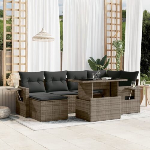7-Piece Garden Sofa Set with Cushions Grey Poly Rattan Wicker Outdoor Patio Furniture - Image 2