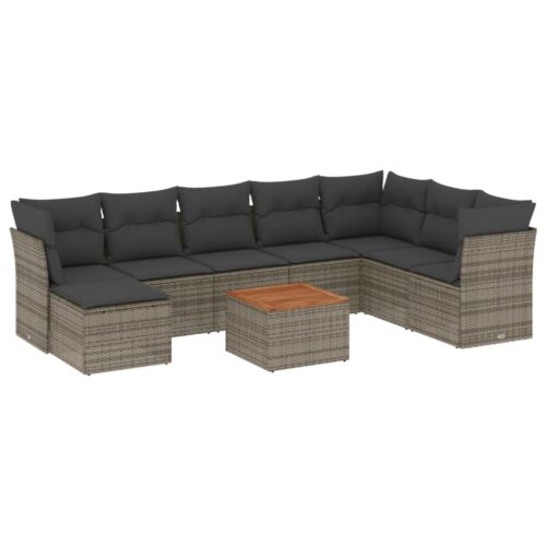 9-Piece Garden Sofa Set with Cushions Grey Poly Rattan Wicker Outdoor Patio Furniture - Image 5
