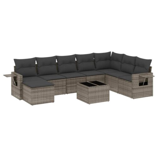 9-Piece Garden Sofa Set with Cushions Grey Poly Rattan Wicker Outdoor Patio Furniture