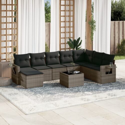 9-Piece Garden Sofa Set with Cushions Grey Poly Rattan Wicker Outdoor Patio Furniture - Image 2
