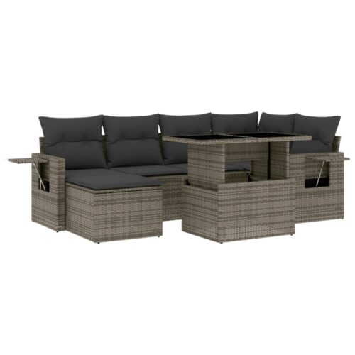 7-Piece Garden Sofa Set with Cushions Grey Poly Rattan Wicker Outdoor Patio Furniture - Image 13