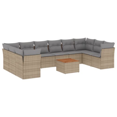 11-Piece Garden Sofa Set with Cushions Beige Poly Rattan Wicker Outdoor Patio Furniture - Image 5
