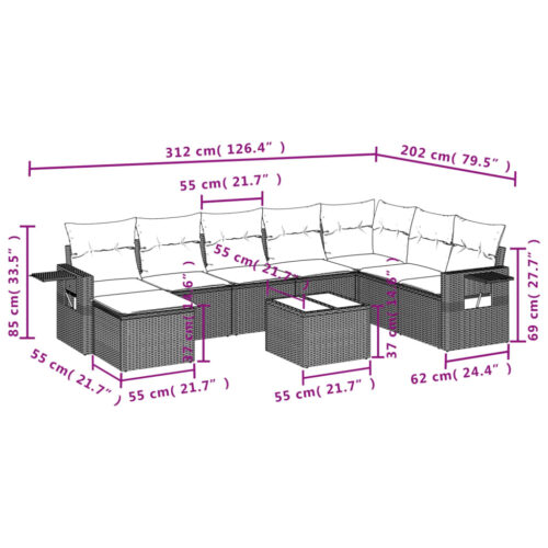 9-Piece Garden Sofa Set with Cushions Grey Poly Rattan Wicker Outdoor Patio Furniture - Image 10