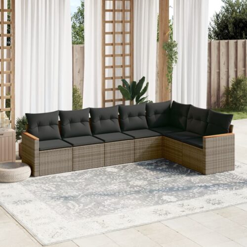 7-Piece Garden Sofa Set with Cushions Grey Poly Rattan Wicker Outdoor Patio Furniture - Image 2