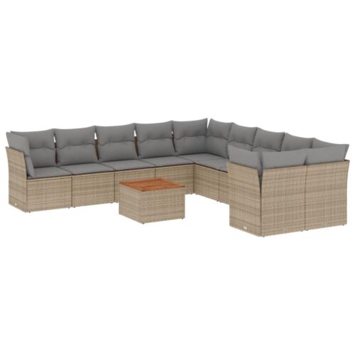 11-Piece Garden Sofa Set with Cushions Beige Poly Rattan Wicker Outdoor Patio Furniture