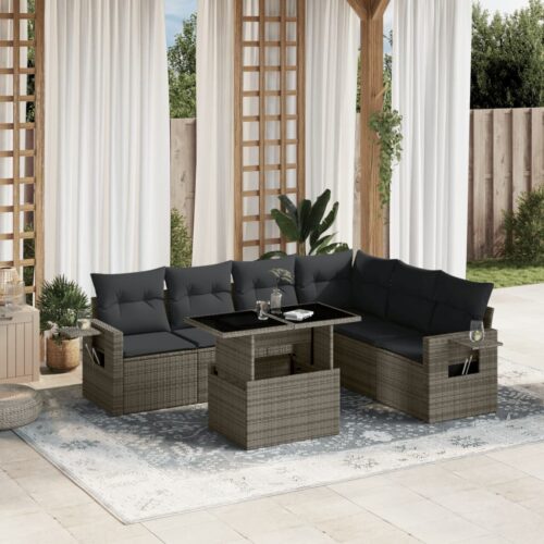 7-Piece Garden Sofa Set with Cushions Grey Poly Rattan Wicker Outdoor Patio Furniture - Image 2