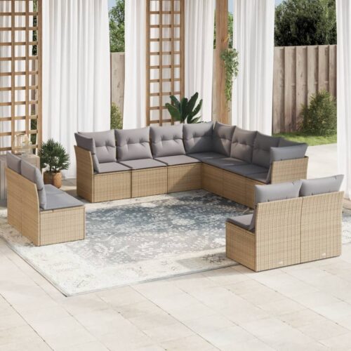 11-Piece Garden Sofa Set with Cushions Beige Poly Rattan Wicker Outdoor Patio Furniture - Image 2