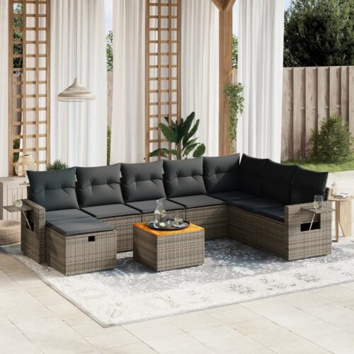 9-Piece Garden Sofa Set with Cushions Grey Poly Rattan Wicker Outdoor Patio Furniture - Image 2