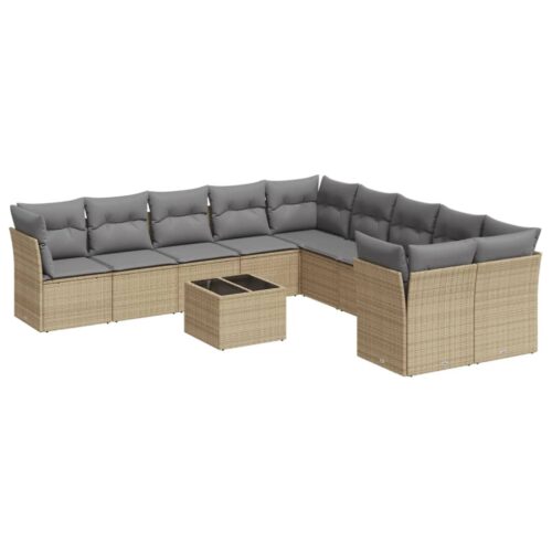 11-Piece Garden Sofa Set with Cushions Beige Poly Rattan Wicker Outdoor Patio Furniture